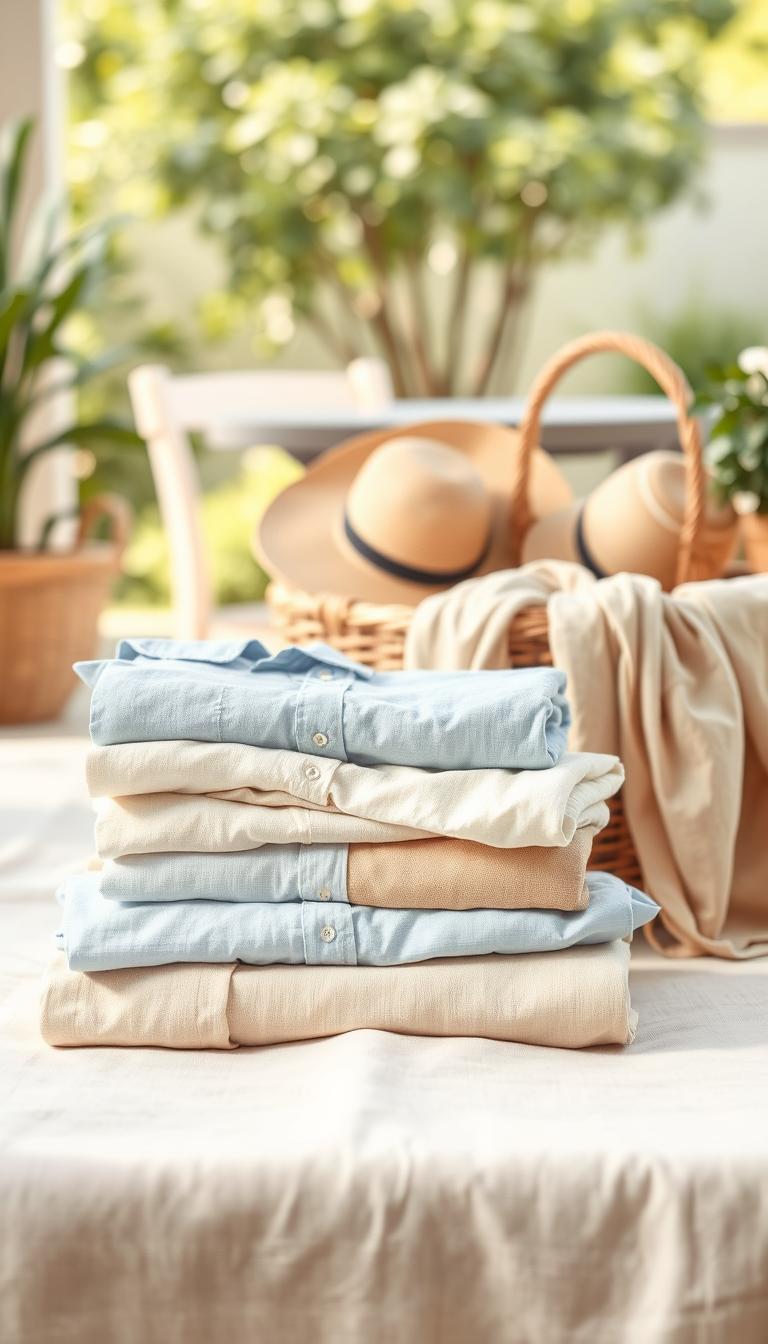Linen fabric essentials arranged aesthetically on a soft, neutral background. In the foreground, showcase a folded stack of assorted linen garments in pastel colors: a light blue shirt, a cream pair of pants, and a beige sundress. In the middle ground, include an elegant wicker basket filled with natural linen accessories like a sun hat and a lightweight scarf, suggesting a relaxed weekend vibe. The background features a softly blurred outdoor patio scene with gentle sunlight filtering through greenery, creating a tranquil atmosphere. Use soft, diffused lighting to enhance the texture of the linen, emphasizing its breathable quality. Capture the image from a slightly elevated angle, ensuring a clean and inviting presentation of the linen essentials.