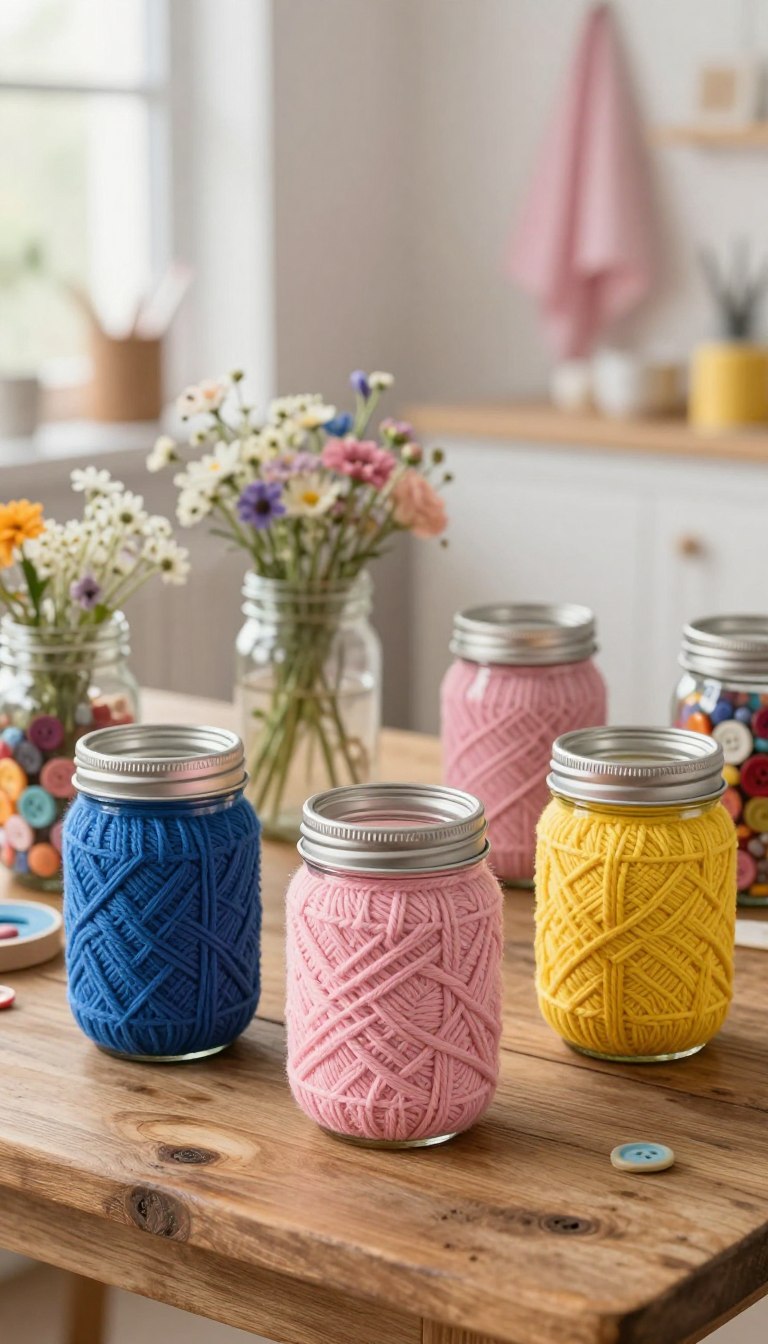 A beautifully arranged collection of yarn-wrapped mason jars in varying sizes and colors, positioned on a rustic wooden table. The foreground features three jars, each wrapped in vibrant yarn—one in deep blue, another in soft pink, and a third in bright yellow—showcasing intricate patterns and textures. In the middle ground, additional jars peek through, some filled with delicate flowers, while others display colorful buttons or craft supplies. The background features a softly blurred view of a cozy craft room, adorned with pastel colors and natural light streaming through a window, creating a warm and inviting atmosphere. The overall mood is creative and inspiring, inviting viewers to explore their crafting passions. High-quality resolution, soft focus on the background, and natural lighting enhance the cozy, artistic vibe.