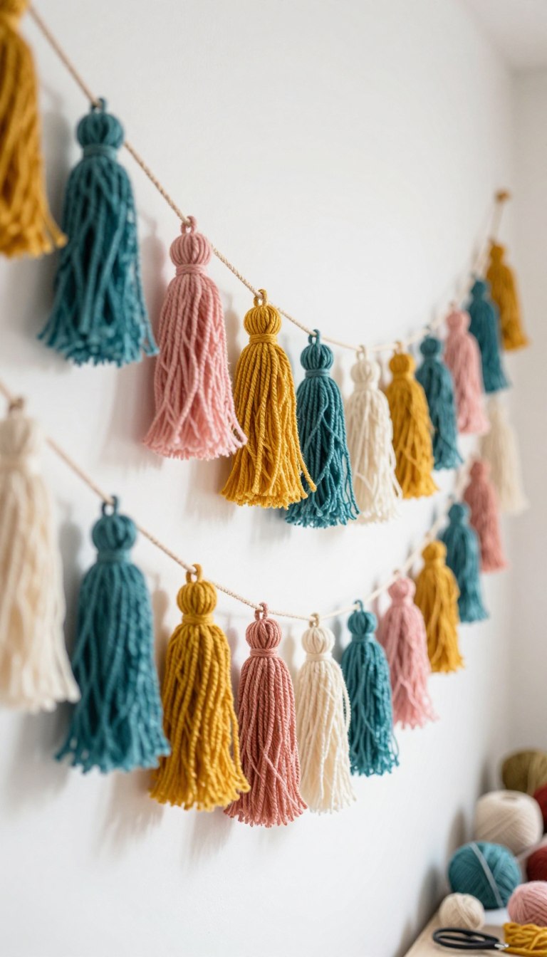 A beautifully arranged yarn tassel garland hanging gracefully across a bright, airy room. The garland features an assortment of colorful yarn tassels in shades of teal, rose, mustard yellow, and cream, with a soft texture that catches the light. In the foreground, a close-up view reveals the intricate details and varying lengths of the tassels, which are neatly tied to a thin natural twine. The middle ground showcases the entire garland draped elegantly, casting soft shadows on a white-washed wall. In the background, a cozy, sunlit space filled with crafting supplies, such as yarn balls and scissors, adds a creative atmosphere. The overall mood is inviting and cheerful, reflecting a sense of playful creativity. The lighting is bright and natural, emphasizing the vivid colors of the yarn.