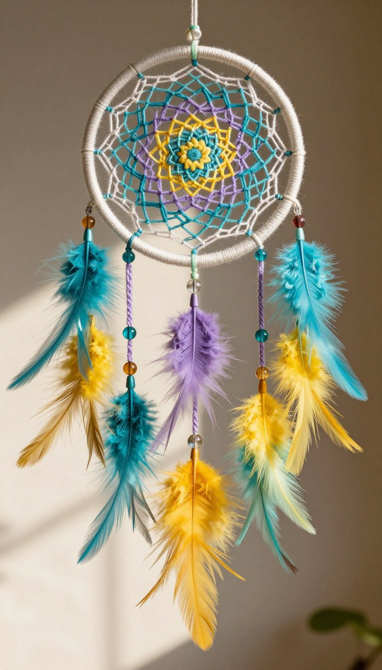 A beautifully crafted yarn dream catcher hangs gracefully against a soft, blurred background of warm, muted colors. In the foreground, the dream catcher is intricate, woven with a variety of vibrant yarns in shades of teal, lavender, and golden yellow, interspersed with feathers and beads that catch the light. The middle layer features delicate strands of yarn cascading down, casting gentle shadows on the surrounding surface. The image is bathed in natural sunlight, creating a calm, inviting atmosphere that emphasizes the cozy, creative spirit of yarn crafting. The angle captures the dream catcher from a slightly elevated perspective, allowing for a detailed view of the woven patterns and textures while maintaining a sense of serenity and inspiration.