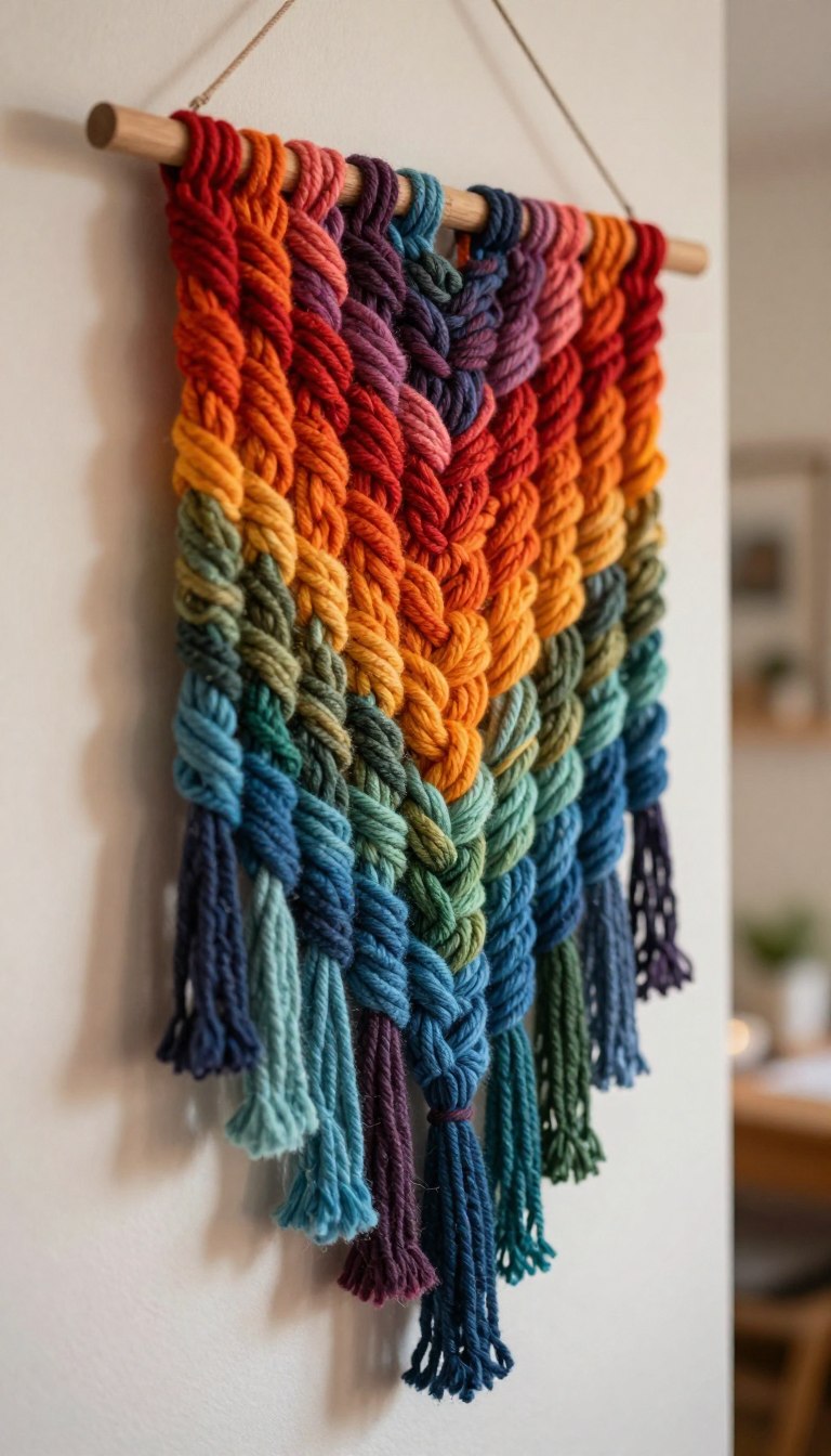 A beautifully crafted yarn wall hanging, featuring an intricate design of colorful, textured yarns cascading down in a gradient from warm reds and oranges at the top to cool blues and greens at the bottom. The foreground showcases detailed knots and weavings that create a three-dimensional effect, while the middle ground reveals a wooden rod from which the wall hanging is suspended. The background is a soft, blurred interior setting with warm ambient lighting that highlights the richness of the yarn colors. The whole scene exudes a cozy and creative atmosphere, perfect for inspiring artistic expression. Shot in a natural light setting with a shallow depth of field to focus on the wall hanging and create a dreamy ambiance. No text, logos, or watermarks included.