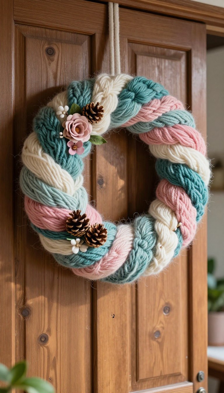 A beautifully crafted yarn wreath hung elegantly on a rustic wooden door. The wreath is adorned with a variety of colorful yarns in shades of teal, soft pink, and creamy white, artistically intertwined to create a textured surface. Delicate embellishments, such as faux flowers and small pinecones, are carefully tucked within the yarn, adding charm. Soft, natural daylight filters through, casting gentle shadows and highlighting the yarn's fibers. In the background, hints of a cozy home setting can be seen, with a faint blur of houseplants and warm wood accents creating a serene atmosphere. The composition draws the viewer’s eye to the wreath's intricate details, evoking a sense of warmth and creativity.