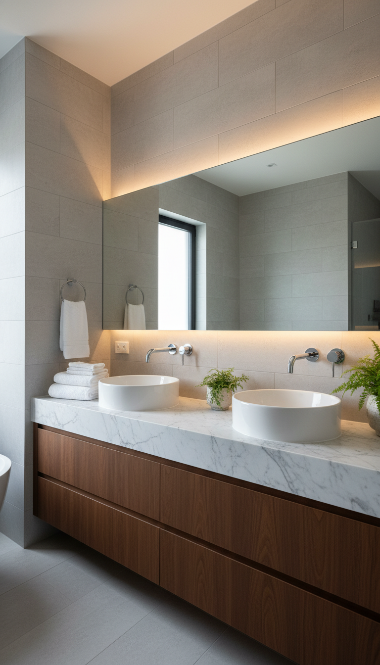 A beautifully designed double vanity bathroom featuring elegant marble countertops and modern fixtures. In the foreground, two stylish sinks are positioned side by side, with polished chrome faucets gleaming in soft, natural light. The middle ground showcases a large, well-lit mirror reflecting the spacious layout, framed by ambient recessed lighting that enhances the warmth of the wood cabinetry. Fluffy white towels hang neatly on a rack, and a tasteful arrangement of potted greenery adds a pop of color. The background reveals a calming, light-hued tile design that creates a serene atmosphere, with subtle shadows enhancing the depth of the space. Capture this scene at a 35mm angle, emphasizing the inviting and luxurious mood of a contemporary bathroom upgrade.