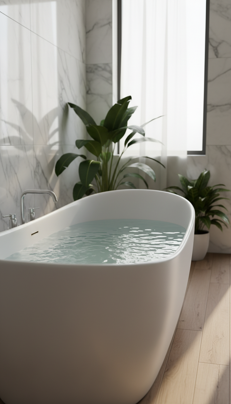 A beautifully designed freestanding soaking tub is positioned in the foreground, crafted from smooth white acrylic with elegant curves. The tub is filled with gently rippling water, reflecting soft, ambient light. In the middle ground, a wooden floor adds warmth, complemented by potted greenery that brings a touch of nature. The background features marble-tiled walls with subtle gray veining, enhancing the modern aesthetic. Soft, natural light filters in through a large window, casting gentle shadows and creating a serene atmosphere. The scene evokes tranquility and relaxation, ideal for a luxurious bathroom retreat. The composition captures a serene and inviting mood, with a shallow depth of field that emphasizes the tub as the focal point.