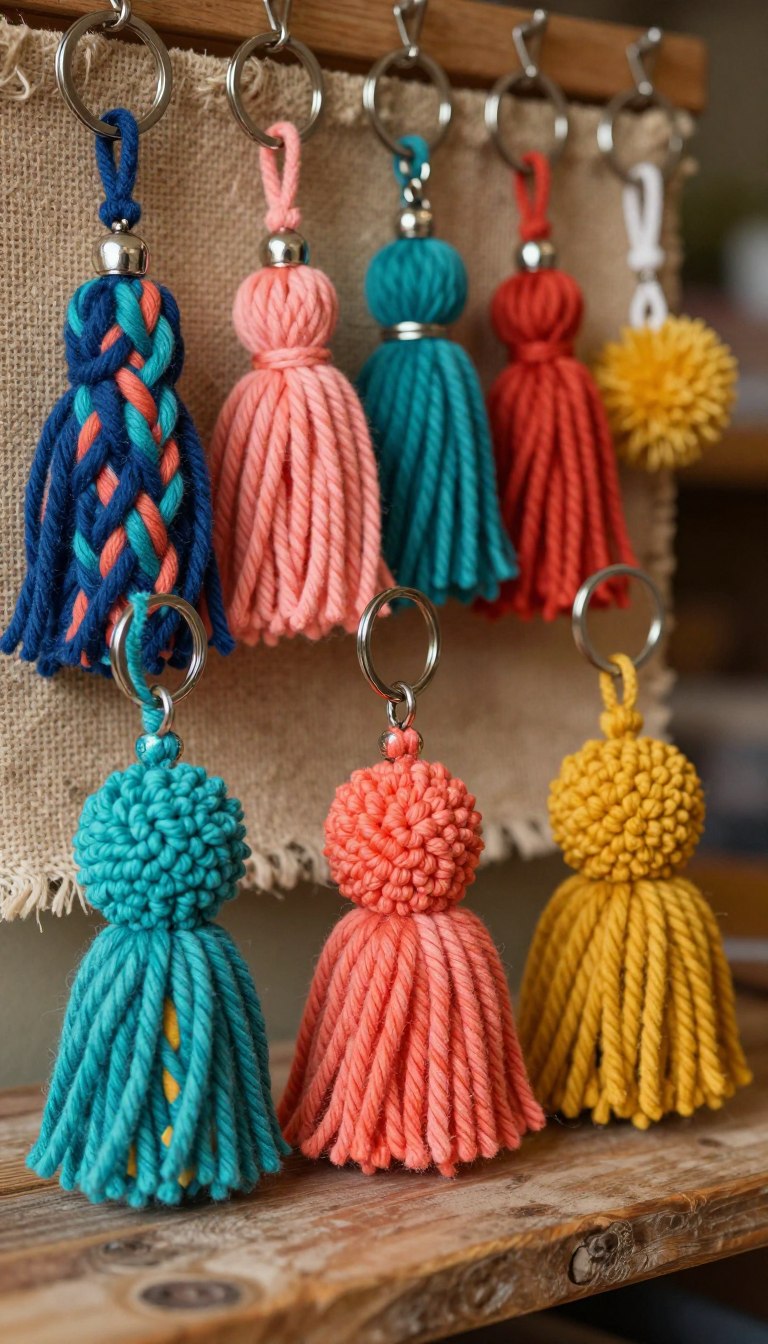 A collection of colorful yarn keychains displayed on a rustic wooden surface. In the foreground, close-up shots of three intricately crafted keychains featuring various textures and patterns, such as braided yarn, pom-poms, and tassels, showcasing vivid colors like turquoise, coral, and mustard yellow. In the middle ground, more keychains in various shapes hang from a gently blurred, natural fiber backdrop, adding depth and context to the scene. Soft, warm lighting accentuates the fibers, creating a cozy atmosphere. The focus should be sharp on the keychains while the background remains softly blurred, evoking a sense of creativity and craftsmanship. The overall mood is inviting and inspiring, perfect for showcasing the art of yarn crafting.