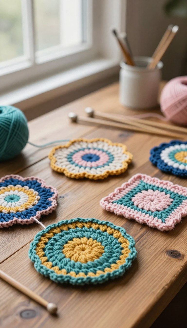 A cozy arrangement of colorful yarn coasters in various shapes, placed on a rustic wooden table. The foreground features vibrant circular and square coasters showcasing intricate crochet and knitted patterns in shades of teal, mustard yellow, soft pink, and deep blue. In the middle ground, a gentle natural light filters through a nearby window, casting soft shadows that enhance the textures of the yarn. In the background, out-of-focus crafting supplies like knitting needles and skeins of yarn create a warm, inviting atmosphere. The scene conveys a creative, relaxed mood, perfect for showcasing the art of yarn crafting. Capture this image with a shallow depth of field to emphasize the coasters while creating a harmonious, soft bokeh backdrop.