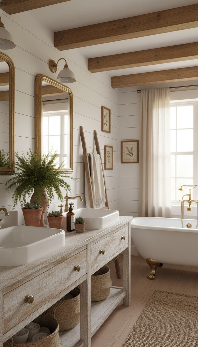 A cozy farmhouse bathroom featuring rustic accents. In the foreground, a wooden vanity with a distressed finish holds a vintage sink, surrounded by potted plants and woven baskets. The middle ground showcases a clawfoot tub, complemented by soft, fluffy towels hanging from a rustic ladder. The walls are adorned with shiplap and a large, ornate mirror, reflecting the natural light pouring in from a nearby window. The background includes wooden beams exposed to the ceiling and subtle wall decor, creating a warm, inviting atmosphere. The lighting is soft and warm, evoking a serene and tranquil mood. The angle captures the depth of the space, emphasizing the charm of farmhouse design elements.