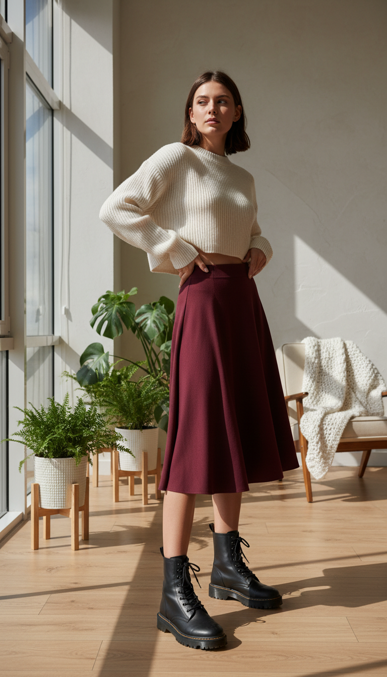 A fashion-forward scene featuring a cropped ribbed sweater in a soft cream color, styled with a high-waisted, knee-length A-line skirt in a rich burgundy shade, complemented by rugged black combat boots. The outfit is displayed on a mannequin or model standing confidently in a well-lit room that has natural light streaming through a large window, casting gentle shadows. The background features a stylish yet minimalist decor with potted plants and a neutral-colored wall to enhance the cozy atmosphere. The focus is on the outfit, captured with a slight angle to showcase the texture of the sweater and the silhouette of the skirt. The overall mood is trendy and inviting, ideal for a chic autumn day. A fashion-forward scene featuring a cropped ribbed sweater in a soft cream color, styled with a high-waisted, knee-length A-line skirt in a rich burgundy shade, complemented by rugged black combat boots. The outfit is displayed on a mannequin or model standing confidently in a well-lit room that has natural light streaming through a large window, casting gentle shadows. The background features a stylish yet minimalist decor with potted plants and a neutral-colored wall to enhance the cozy atmosphere. The focus is on the outfit, captured with a slight angle to showcase the texture of the sweater and the silhouette of the skirt. The overall mood is trendy and inviting, ideal for a chic autumn day.