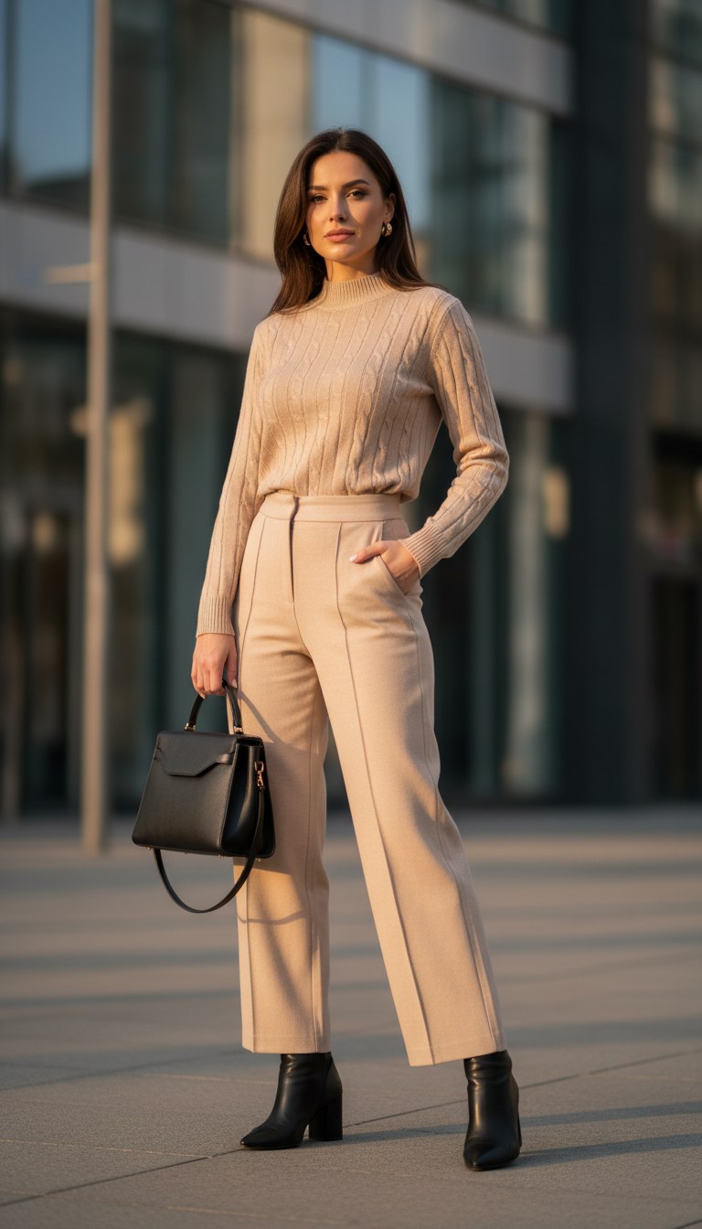 A fashionable woman elegantly wearing a chic monochrome knit set, consisting of a fitted long-sleeve sweater and tailored high-waisted pants in a soft, neutral shade. She accessorizes with sleek black leather ankle boots and a structured leather handbag, exuding sophistication. In the foreground, focus on her confident posture as she stands in an urban setting, with modern architectural elements softly blurred in the background. The lighting is warm and inviting, casting gentle shadows that enhance the texture of the knitwear. Shot from a slightly low angle to create a sense of empowerment, the mood is stylish and contemporary, perfect for showcasing modern elegance in everyday fashion. Ensure the image is clean, with no text or logos present. A fashionable woman elegantly wearing a chic monochrome knit set, consisting of a fitted long-sleeve sweater and tailored high-waisted pants in a soft, neutral shade. She accessorizes with sleek black leather ankle boots and a structured leather handbag, exuding sophistication. In the foreground, focus on her confident posture as she stands in an urban setting, with modern architectural elements softly blurred in the background. The lighting is warm and inviting, casting gentle shadows that enhance the texture of the knitwear. Shot from a slightly low angle to create a sense of empowerment, the mood is stylish and contemporary, perfect for showcasing modern elegance in everyday fashion. Ensure the image is clean, with no text or logos present.