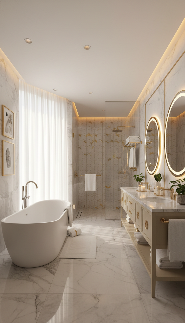 A luxurious hotel-style bathroom featuring a spacious layout with sleek marble floors and elegant accents. In the foreground, a freestanding soaking tub with chrome fixtures sits invitingly beside a large window, draped with sheer white curtains that softly diffuse natural light. The middle ground showcases a double vanity with stunning backlit mirrors, intricate gold hardware, and tasteful decorative elements like candles and small plants. In the background, a glass-enclosed rainfall shower, adorned with modern tiles, adds a sense of sophistication. The lighting throughout the space creates a warm and serene ambiance, complemented by tasteful wall art and plush towels neatly arranged. The photo is captured with a wide-angle lens to emphasize openness and depth, conveying a feeling of relaxation and opulence.