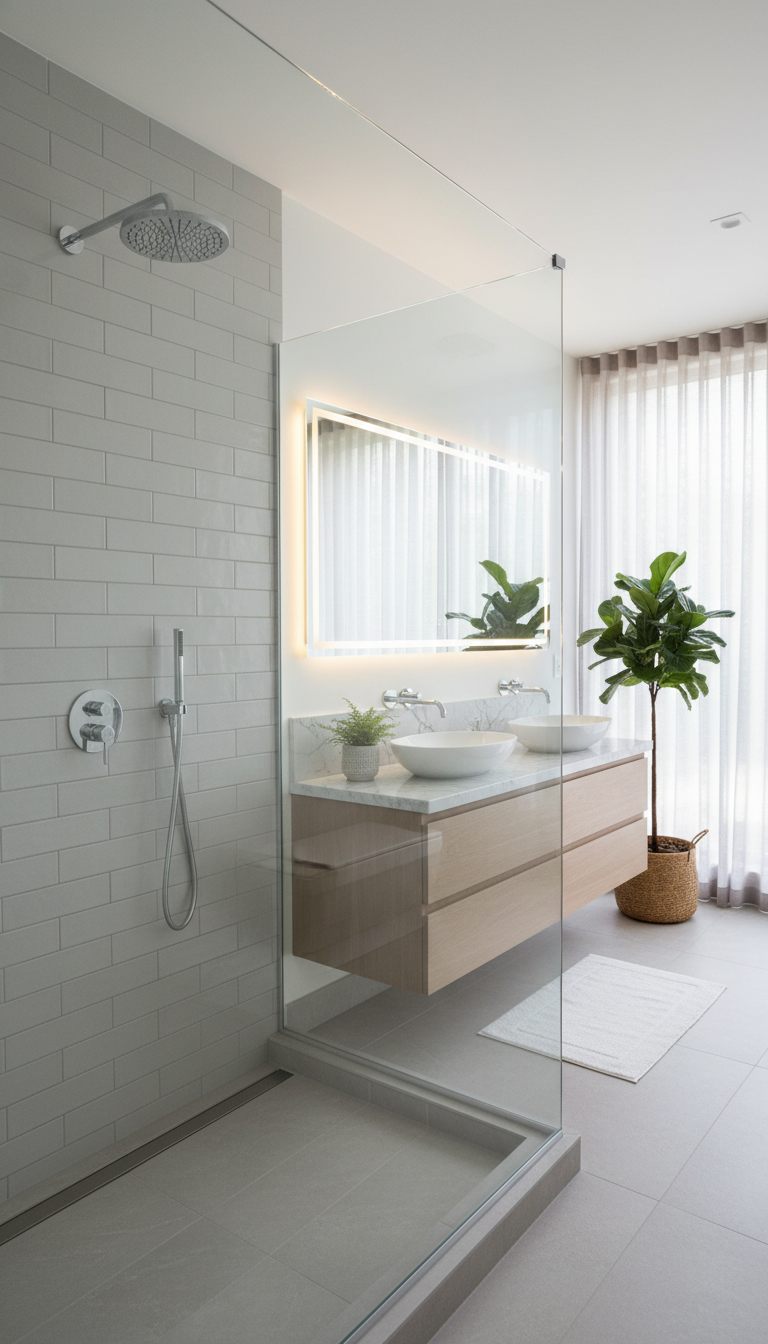 A sleek modern bathroom featuring a walk-in shower with a stylish glass enclosure. The foreground showcases a beautifully tiled shower area with polished chrome fixtures and a rainfall showerhead. The middle section highlights a minimalist vanity with a large mirror illuminated by warm LED lighting, reflecting soft glow on the white marble countertops. In the background, a large window allows natural light to pour in, creating a serene atmosphere. The color palette is a blend of whites, soft grays, and hints of greenery from potted plants. The overall mood is clean, tranquil, and inviting, emphasizing contemporary design elements with a focus on functionality and elegance. The shot is captured from a slightly elevated angle, providing a comprehensive view of the space.