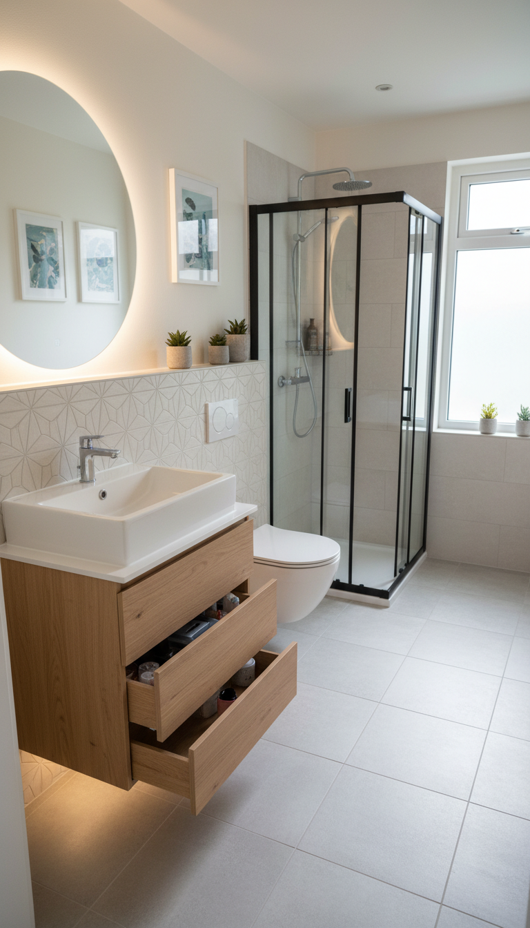 A small, modern bathroom remodel showcasing clever space-saving ideas. In the foreground, a sleek wall-mounted sink with a minimalist design, paired with a floating vanity featuring organized compartments. Soft, warm lighting highlights the elegant tiles and subtle textures, creating a cozy atmosphere. The middle ground features a stylish corner shower with glass doors and a compact, stylish toilet that conserves space. In the background, light-colored walls adorned with minimalist decor and small plants enhance the freshness of the setting. A large window lets in natural light, casting soft shadows and making the space feel open and airy. The camera angle is slightly elevated, providing a comprehensive view of the efficient layout that combines functionality with aesthetic appeal.