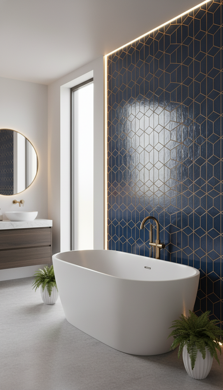 A stunning bathroom featuring a bold tile accent wall, showcasing a vibrant geometric pattern in shades of deep blue and rich gold. The foreground presents a sleek freestanding bathtub with elegant faucets, flanked by small potted plants for a touch of greenery. The middle section captures the eye-catching accent wall, composed of glossy tiles that reflect soft, ambient lighting, creating a luxurious atmosphere. In the background, a modern vanity with a round mirror adds depth, while natural light pours in through a frosted window, illuminating the space. The overall mood is serene and sophisticated, ideal for a chic bathroom remodel. The scene is captured from a slightly elevated angle, emphasizing both the accent wall and the thoughtfully arranged fixtures.