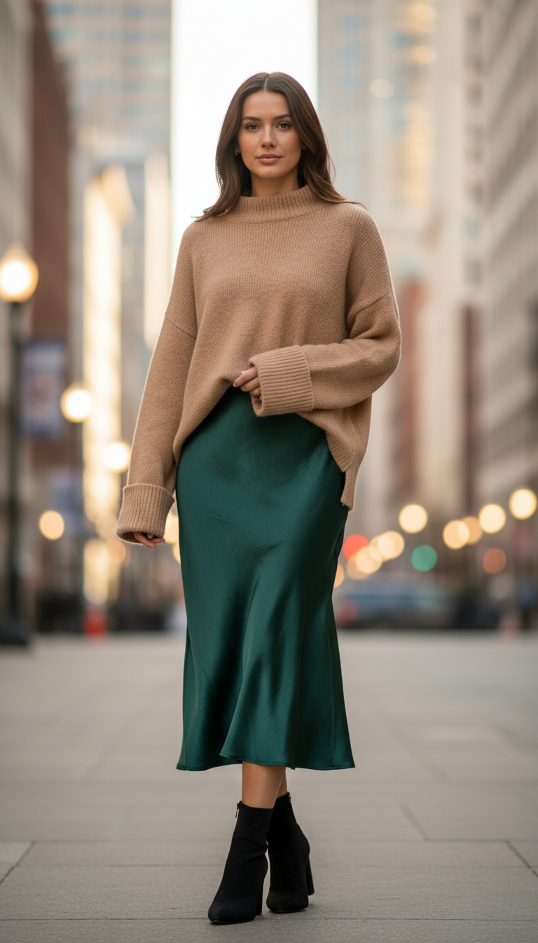 A stylish model stands confidently in a softly lit urban environment, showcasing a soft oversized knit sweater in a warm beige tone, complemented by a luxurious satin slip skirt that cascades elegantly to mid-calf in a rich emerald green. The knit is cozy, with rolled cuffs and a relaxed fit, while the skirt glimmers subtly, catching the light with every subtle movement. Completing the outfit, the model wears chic black heeled ankle boots that enhance the modern sophistication. The background features a blurred cityscape, creating a vibrant yet tranquil atmosphere. The lighting is soft and even, mimicking the warm glow of golden hour. The camera angle captures the model from a slightly low perspective, emphasizing the outfit while keeping focus on the skirt's elegant drape. The overall mood evokes a blend of casual comfort and stylish elegance, perfect for everyday wear. A stylish model stands confidently in a softly lit urban environment, showcasing a soft oversized knit sweater in a warm beige tone, complemented by a luxurious satin slip skirt that cascades elegantly to mid-calf in a rich emerald green. The knit is cozy, with rolled cuffs and a relaxed fit, while the skirt glimmers subtly, catching the light with every subtle movement. Completing the outfit, the model wears chic black heeled ankle boots that enhance the modern sophistication. The background features a blurred cityscape, creating a vibrant yet tranquil atmosphere. The lighting is soft and even, mimicking the warm glow of golden hour. The camera angle captures the model from a slightly low perspective, emphasizing the outfit while keeping focus on the skirt's elegant drape. The overall mood evokes a blend of casual comfort and stylish elegance, perfect for everyday wear.