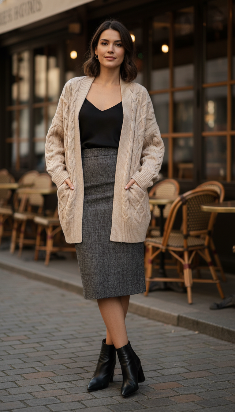 A stylish model wearing a cozy cardigan layered over a sleek tank top, paired with a chic pencil skirt and elegant ankle boots. The cardigan is oversized, knitted in a soft, neutral color, draping naturally around the shoulders. The pencil skirt hugs the model's silhouette, showcasing a modern and sophisticated look. The scene is set in an urban environment with soft, muted colors in the background, suggesting a stylish café or city street. Natural, warm lighting enhances the cozy and inviting atmosphere, while the angle captures the full outfit in a flattering way. The image reflects a blend of comfort and elegance, perfect for a fashionable day out. No text or logos are present in the image. A stylish model wearing a cozy cardigan layered over a sleek tank top, paired with a chic pencil skirt and elegant ankle boots. The cardigan is oversized, knitted in a soft, neutral color, draping naturally around the shoulders. The pencil skirt hugs the model's silhouette, showcasing a modern and sophisticated look. The scene is set in an urban environment with soft, muted colors in the background, suggesting a stylish café or city street. Natural, warm lighting enhances the cozy and inviting atmosphere, while the angle captures the full outfit in a flattering way. The image reflects a blend of comfort and elegance, perfect for a fashionable day out. No text or logos are present in the image.