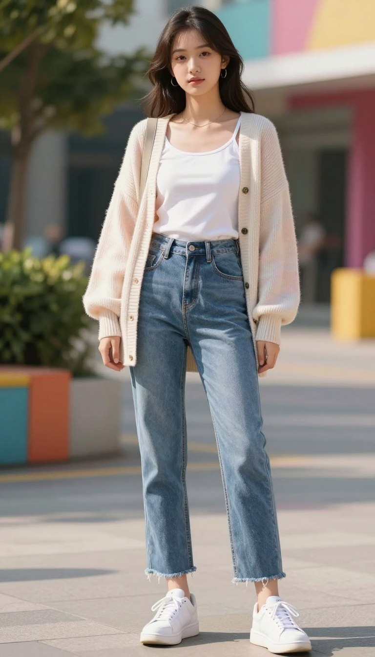 A stylish teen girl standing confidently, wearing a light, oversized cardigan in a soft pastel color over a fitted white tank top. She pairs this with high-waisted, straight-leg jeans that have a slight fray at the hem, showcasing a modern casual look. The outfit is complemented by trendy white sneakers. The scene is set in a vibrant outdoor environment with a sunny atmosphere, accentuating her youthful energy. The background features blurred greenery and colorful urban elements, giving a lively city vibe. The lighting is warm and natural, enhancing the colors of her outfit and creating soft shadows. The composition is a medium shot, focusing on the girl while allowing the background to add depth without distraction.