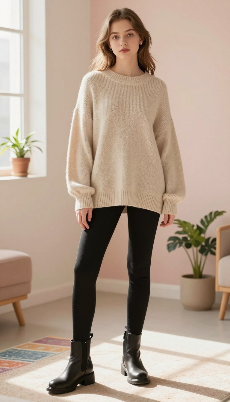 A stylish teenage girl stands confidently in a cozy room designed with soft pastel colors. She is wearing a large, soft oversized sweater in a light beige hue, perfectly draped off her shoulders. The sweater is paired with sleek black leggings that hug her legs, creating a perfect blend of comfort and style. On her feet, she sports trendy ankle boots with a subtle heel, adding a fashionable edge to her look. The scene captures warm, natural lighting streaming in from a nearby window, casting a gentle glow on her outfit. The background features a few decorative elements like potted plants and a colorful rug, enhancing the casual, relaxed atmosphere of the setting. The angle is slightly above eye level, focusing on the outfit while maintaining the overall ambience of youthful style.