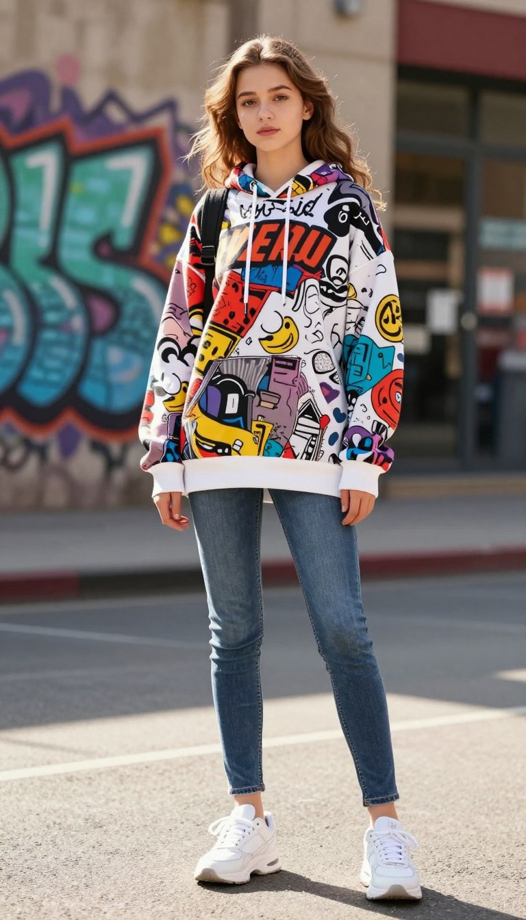A stylish teenage girl stands confidently in an urban setting, wearing an oversized graphic hoodie featuring bold, colorful prints. She pairs it with trendy skinny jeans that perfectly accentuate her casual yet chic look. On her feet, she sports a fresh pair of white sneakers, adding a youthful and energetic vibe. The background showcases a vibrant city street with subtle hints of graffiti art, creating a modern atmosphere. The scene is illuminated by warm, natural sunlight, casting soft shadows that enhance the textures of her outfit. The angle captures her full body, providing a dynamic view that highlights the outfit's details, evoking a sense of fun and freedom. The mood is lively and fashionable, ideal for representing contemporary youth fashion trends.