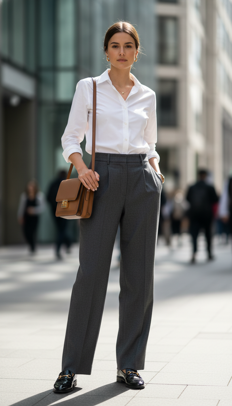 A stylish woman standing confidently in a crisp white button-down shirt, tucked neatly into high-waisted tailored trousers with a flattering silhouette. Her outfit is completed with sleek, polished loafers that add a touch of sophistication. The scene is set against a modern, softly blurred urban backdrop, suggesting a chic city environment. The lighting is bright, evoking a fresh, optimistic atmosphere, with natural sunlight casting gentle shadows. The angle of the shot captures her from a slightly low perspective, emphasizing her elegance and poise. The focus is sharp on her outfit, showcasing the texture and crispness of the fabric. The overall mood is one of chic professionalism and effortless style, perfect for a contemporary fashion narrative. A stylish woman standing confidently in a crisp white button-down shirt, tucked neatly into high-waisted tailored trousers with a flattering silhouette. Her outfit is completed with sleek, polished loafers that add a touch of sophistication. The scene is set against a modern, softly blurred urban backdrop, suggesting a chic city environment. The lighting is bright, evoking a fresh, optimistic atmosphere, with natural sunlight casting gentle shadows. The angle of the shot captures her from a slightly low perspective, emphasizing her elegance and poise. The focus is sharp on her outfit, showcasing the texture and crispness of the fabric. The overall mood is one of chic professionalism and effortless style, perfect for a contemporary fashion narrative.