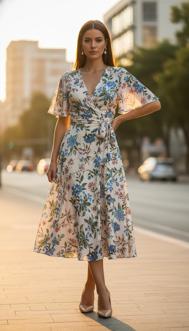 A stylish woman stands confidently in a chic midi wrap dress, featuring a floral print and a flattering silhouette that cinches at the waist. The dress flows elegantly to mid-calf, showcasing delicate sleeves and a V-neckline, paired with sleek, pointed-toe heels in a complementary neutral tone. Set against a softly blurred urban backdrop, the scene captures a warm, golden hour glow, lending an inviting and sophisticated atmosphere. The lighting highlights the texture of the fabric, accentuating the graceful movement of the dress. The composition is framed to focus on the outfit, with a shallow depth of field that blurs the surroundings, creating a polished, fashion-forward look perfect for a classy setting. A stylish woman stands confidently in a chic midi wrap dress, featuring a floral print and a flattering silhouette that cinches at the waist. The dress flows elegantly to mid-calf, showcasing delicate sleeves and a V-neckline, paired with sleek, pointed-toe heels in a complementary neutral tone. Set against a softly blurred urban backdrop, the scene captures a warm, golden hour glow, lending an inviting and sophisticated atmosphere. The lighting highlights the texture of the fabric, accentuating the graceful movement of the dress. The composition is framed to focus on the outfit, with a shallow depth of field that blurs the surroundings, creating a polished, fashion-forward look perfect for a classy setting.