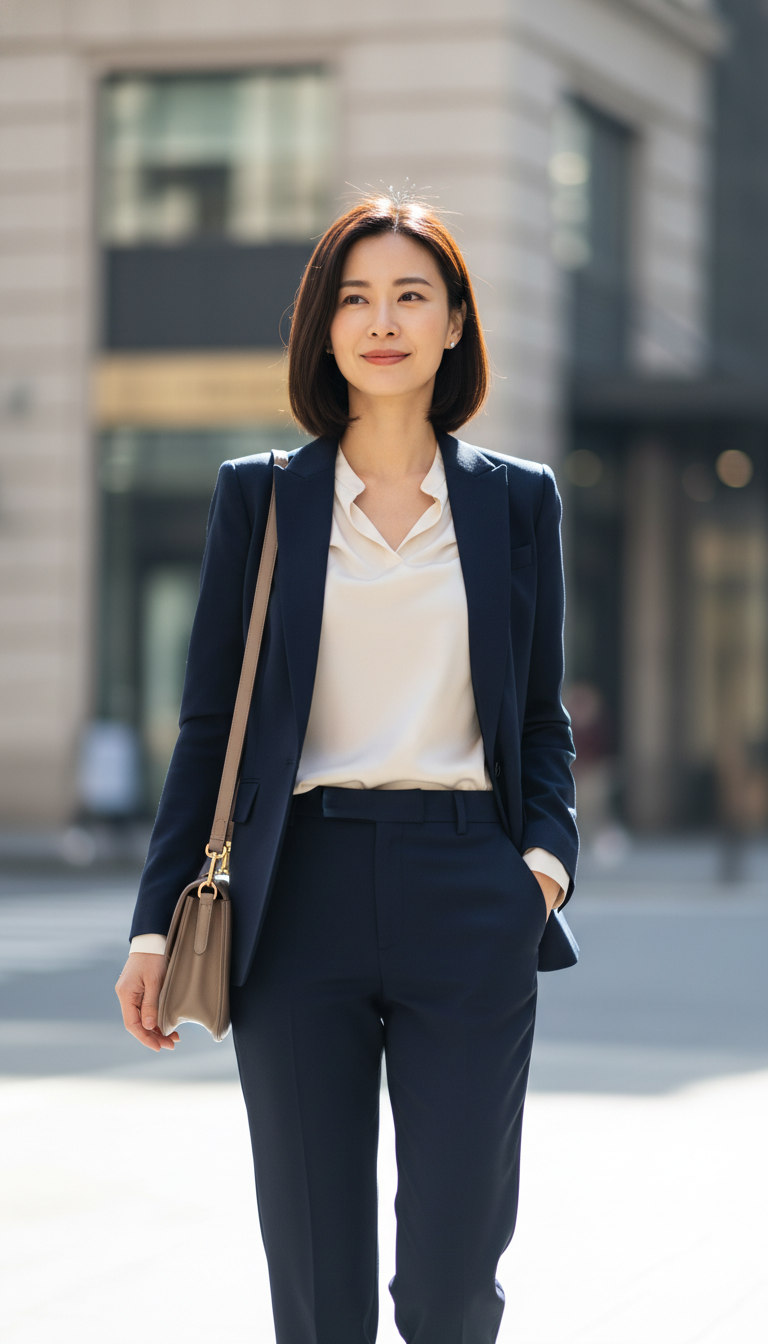A stylish woman stands confidently in a chic outdoor setting, wearing a tailored navy blazer over a luxurious silk blouse in a soft cream color. Her straight-leg trousers, perfectly fitted, add to the polished look. The scene captures her from a mid-angle, emphasizing her poised posture and sophisticated ensemble. Surrounding her are blurred hints of an urban backdrop, suggesting a trendy city vibe. Soft, natural lighting enhances the rich textures of the blazer and blouse, creating a glowing effect. The atmosphere is elegant and professional, ideal for a modern business setting, with a sense of effortless style radiating from her appearance. No text or logos are present in the image. A stylish woman stands confidently in a chic outdoor setting, wearing a tailored navy blazer over a luxurious silk blouse in a soft cream color. Her straight-leg trousers, perfectly fitted, add to the polished look. The scene captures her from a mid-angle, emphasizing her poised posture and sophisticated ensemble. Surrounding her are blurred hints of an urban backdrop, suggesting a trendy city vibe. Soft, natural lighting enhances the rich textures of the blazer and blouse, creating a glowing effect. The atmosphere is elegant and professional, ideal for a modern business setting, with a sense of effortless style radiating from her appearance. No text or logos are present in the image.
