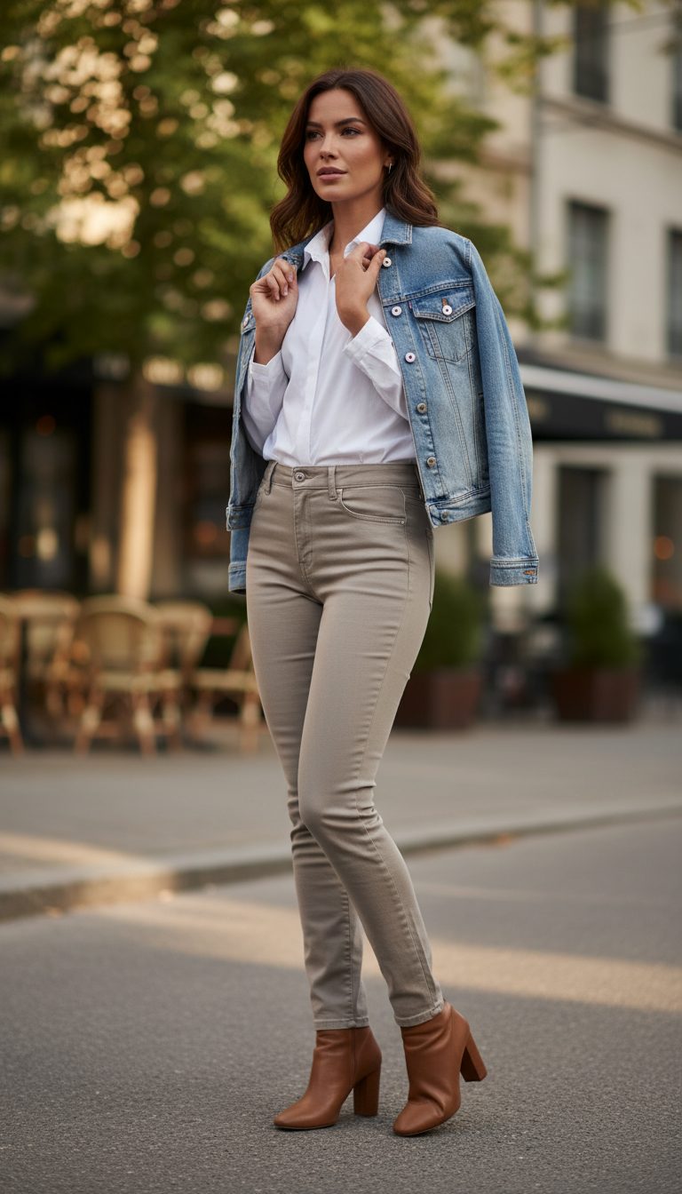 A stylish woman stands confidently in a classic denim outfit, featuring a perfectly fitted pair of neutral-tone jeans paired with a crisp white button-up shirt tucked in neatly. Her look is completed with a stylish denim jacket, casually draped over her shoulders, and a pair of chic ankle boots. The scene is set against an urban backdrop, with softly blurred street elements like a café and trees in the background. The lighting is warm and natural, suggesting a late afternoon sun, casting gentle shadows that enhance the details of the outfit. The angle captures a three-quarter view, focusing on her confident posture and the timeless appeal of the denim ensemble, creating a versatile and fashionable atmosphere. A stylish woman stands confidently in a classic denim outfit, featuring a perfectly fitted pair of neutral-tone jeans paired with a crisp white button-up shirt tucked in neatly. Her look is completed with a stylish denim jacket, casually draped over her shoulders, and a pair of chic ankle boots. The scene is set against an urban backdrop, with softly blurred street elements like a café and trees in the background. The lighting is warm and natural, suggesting a late afternoon sun, casting gentle shadows that enhance the details of the outfit. The angle captures a three-quarter view, focusing on her confident posture and the timeless appeal of the denim ensemble, creating a versatile and fashionable atmosphere.