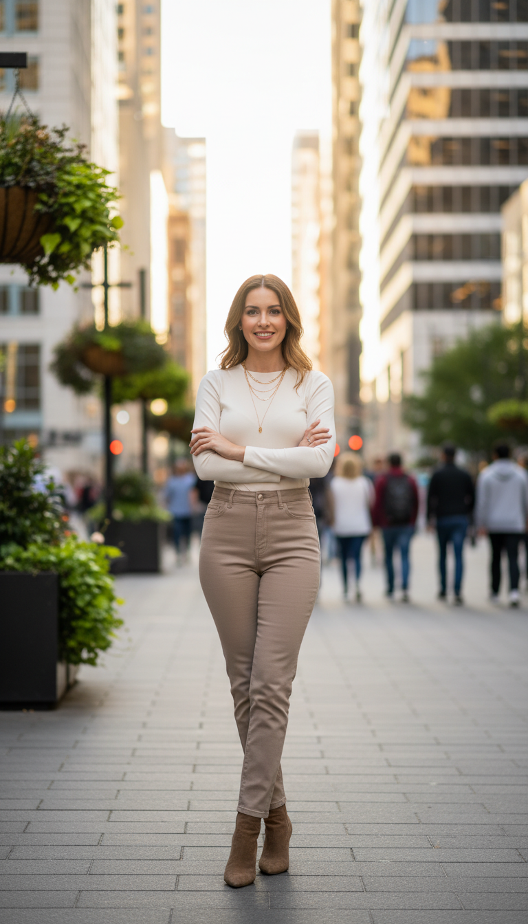 A stylish woman stands confidently in a modern urban setting, showcasing a chic denim ensemble. She wears neutral high-waisted jeans paired with a fitted cream-colored blouse, accentuating her silhouette. Her accessories include a delicate necklace and fashionable ankle boots. The foreground captures her from the waist up, focusing on her confident pose and relaxed smile. In the middle ground, a bustling city street features blurred pedestrians, elegantly showcasing the vibrant energy of the neighborhood, while soft greenery adds a touch of nature. The background highlights contemporary buildings under a soft golden hour light, creating a warm and inviting atmosphere. Use a shallow depth of field for a flattering focus on the woman, capturing the essence of timeless style and versatility. A stylish woman stands confidently in a modern urban setting, showcasing a chic denim ensemble. She wears neutral high-waisted jeans paired with a fitted cream-colored blouse, accentuating her silhouette. Her accessories include a delicate necklace and fashionable ankle boots. The foreground captures her from the waist up, focusing on her confident pose and relaxed smile. In the middle ground, a bustling city street features blurred pedestrians, elegantly showcasing the vibrant energy of the neighborhood, while soft greenery adds a touch of nature. The background highlights contemporary buildings under a soft golden hour light, creating a warm and inviting atmosphere. Use a shallow depth of field for a flattering focus on the woman, capturing the essence of timeless style and versatility.