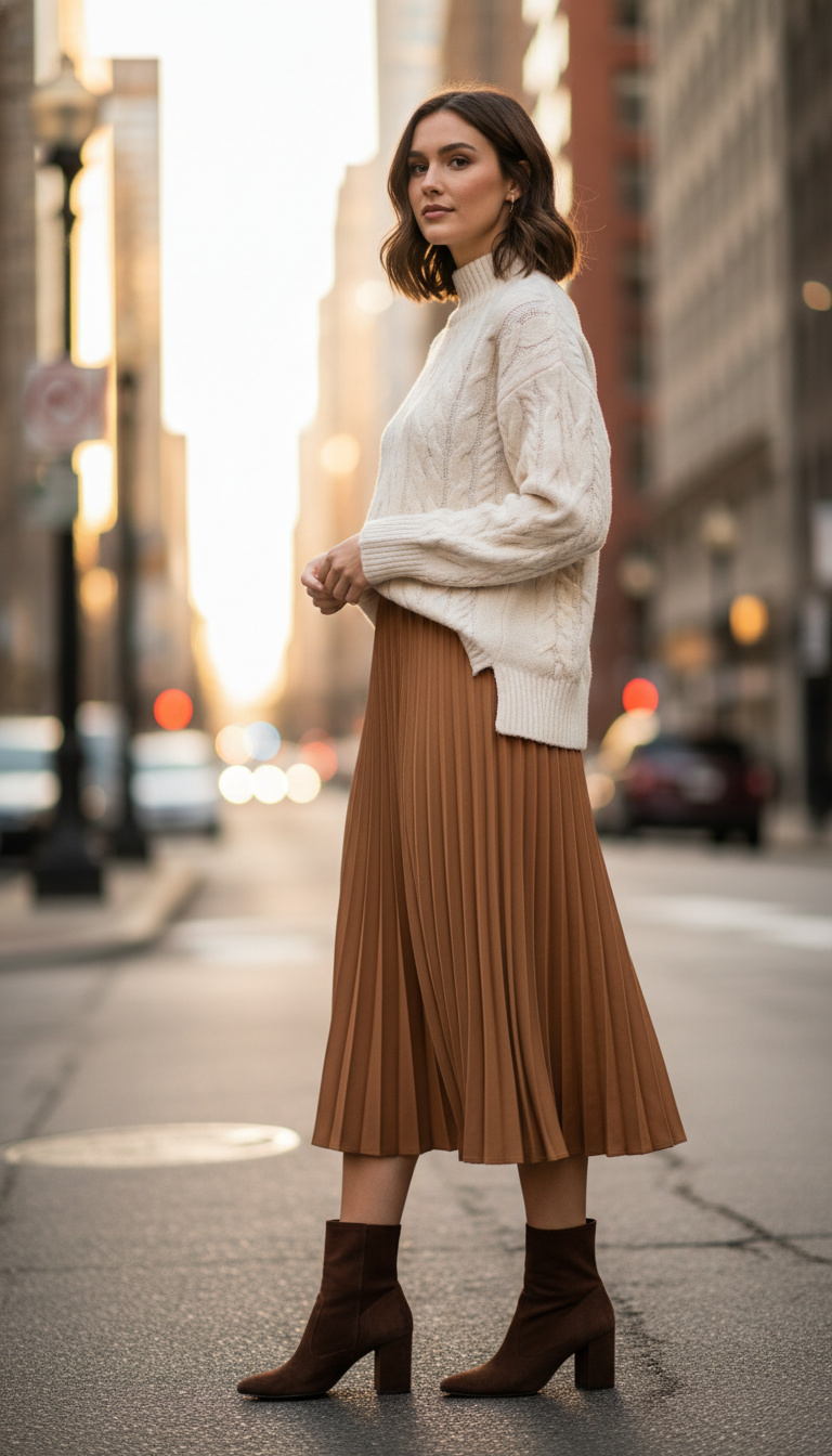 A stylish woman stands confidently in a soft, cozy mock-neck knit sweater, paired beautifully with a flowing pleated midi skirt that sways gently with her movements. Her ensemble is completed by elegant block-heel boots that add a touch of sophistication. The foreground features her in a semi-profile view, showcasing the texture of the knit and the drape of the skirt. The background is a blurred urban setting, with warm, golden hour lighting casting a soft glow, enhancing the outfit's colors. The overall mood is chic and inviting, capturing the essence of stylish comfort. The scene should convey a modern and fashionable atmosphere, without any text or distractions. A stylish woman stands confidently in a soft, cozy mock-neck knit sweater, paired beautifully with a flowing pleated midi skirt that sways gently with her movements. Her ensemble is completed by elegant block-heel boots that add a touch of sophistication. The foreground features her in a semi-profile view, showcasing the texture of the knit and the drape of the skirt. The background is a blurred urban setting, with warm, golden hour lighting casting a soft glow, enhancing the outfit's colors. The overall mood is chic and inviting, capturing the essence of stylish comfort. The scene should convey a modern and fashionable atmosphere, without any text or distractions.