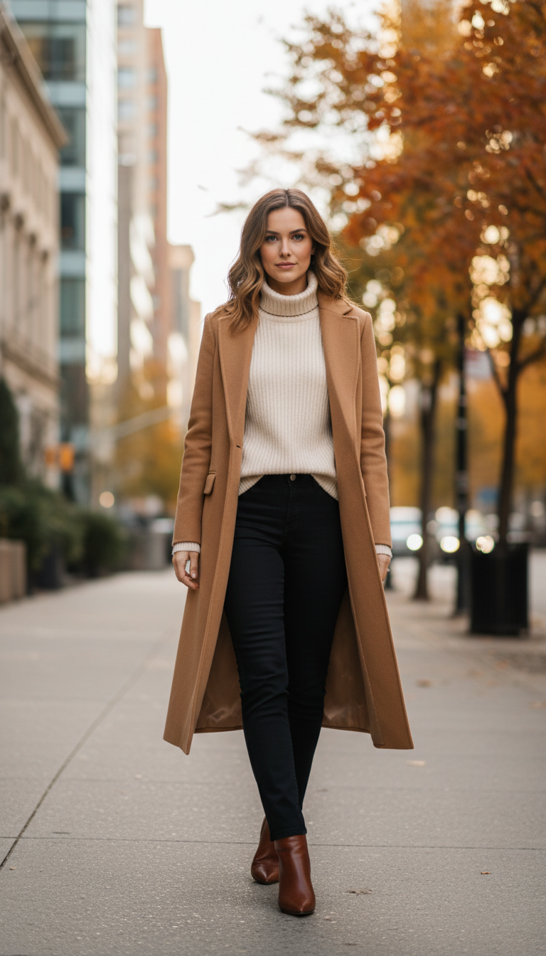 A stylish woman stands confidently in an urban setting, wearing a chic camel coat layered over a soft, neutral-toned knit sweater. Her outfit is completed with fashionable ankle boots, showcasing a blend of elegance and comfort. The foreground captures her poised stance with a slight turn, emphasizing the coat's tailored fit and the intricate knit texture. In the middle ground, a gently blurred cityscape provides context, hinting at a bustling atmosphere. The background features softly lit, autumn-inspired foliage, creating a warm, inviting feel. The scene is illuminated by natural daylight, casting a flattering glow on the subject and enhancing the overall sophisticated ambiance. The composition is framed using a slightly elevated angle, drawing attention to her outfit while highlighting the surrounding environment. A stylish woman stands confidently in an urban setting, wearing a chic camel coat layered over a soft, neutral-toned knit sweater. Her outfit is completed with fashionable ankle boots, showcasing a blend of elegance and comfort. The foreground captures her poised stance with a slight turn, emphasizing the coat's tailored fit and the intricate knit texture. In the middle ground, a gently blurred cityscape provides context, hinting at a bustling atmosphere. The background features softly lit, autumn-inspired foliage, creating a warm, inviting feel. The scene is illuminated by natural daylight, casting a flattering glow on the subject and enhancing the overall sophisticated ambiance. The composition is framed using a slightly elevated angle, drawing attention to her outfit while highlighting the surrounding environment.