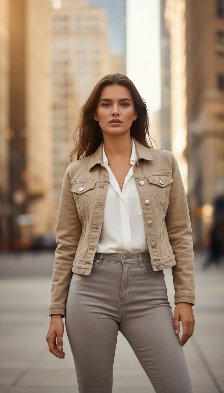 A stylish young woman stands confidently, showcasing a neutral denim fashion trend. She's wearing a tailored beige denim jacket over a crisp white blouse, paired with high-waisted light taupe denim jeans that give a flattering silhouette. The scene is set in an urban environment with soft sunlight filtering through tall buildings, creating a warm, inviting atmosphere. The foreground features the woman in a dynamic pose, with her hair gently blowing in the breeze, emphasizing a sense of movement. In the background, blurred cityscape elements suggest an active lifestyle, while the overall color palette remains earthy and muted, focusing on the elegance and versatility of neutral denim. The image captures a sophisticated yet casual vibe, perfect for illustrating contemporary women's fashion. A stylish young woman stands confidently, showcasing a neutral denim fashion trend. She's wearing a tailored beige denim jacket over a crisp white blouse, paired with high-waisted light taupe denim jeans that give a flattering silhouette. The scene is set in an urban environment with soft sunlight filtering through tall buildings, creating a warm, inviting atmosphere. The foreground features the woman in a dynamic pose, with her hair gently blowing in the breeze, emphasizing a sense of movement. In the background, blurred cityscape elements suggest an active lifestyle, while the overall color palette remains earthy and muted, focusing on the elegance and versatility of neutral denim. The image captures a sophisticated yet casual vibe, perfect for illustrating contemporary women's fashion.
