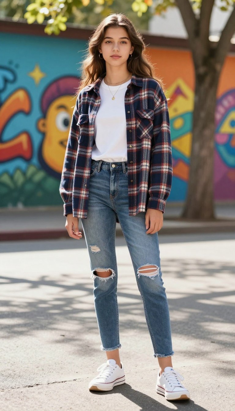A teen girl model stands confidently in a casual urban setting, wearing a trendy plaid flannel shirt layered over a simple white crew-neck t-shirt. She pairs this with stylishly ripped skinny jeans that emphasize a relaxed yet fashionable look. Her accessories include minimalistic jewelry and comfortable sneakers. The foreground highlights her outfit in full view, while the middle ground features a vibrant street mural that adds a pop of color and character. Soft, natural sunlight filters through nearby trees, casting gentle shadows and creating a warm, inviting atmosphere. Shot from a slightly low angle to give a sense of depth, the overall mood is youthful and carefree, perfectly embodying casual fashion for teen girls.