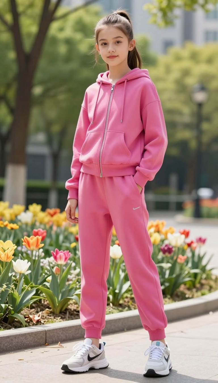 A teenage girl is wearing a stylish athleisure set featuring a soft, zip-up hoodie in a vibrant color, paired with matching joggers that have a relaxed fit. She stands confidently in a sunny urban park, surrounded by blooming flowers and green trees that create a refreshing atmosphere. Her outfit is completed with trendy sneakers and a sleek ponytail, highlighting a sense of comfort and active lifestyle. The lighting is bright and natural, casting soft shadows, while the angle captures her from a slightly low perspective, emphasizing the outfit. The mood is vibrant and energetic, reflecting youthfulness and fashion-forward thinking. No text, captions, or watermarks are present in the image.
