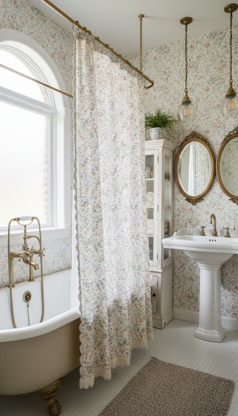 A vintage-inspired bathroom makeover featuring elegant, retro fixtures. In the foreground, a classic clawfoot bathtub sits, adorned with a decorative shower curtain. The middle showcases a charming pedestal sink with antique brass faucets, surrounded by delicate floral wallpaper in soft pastel colors. Vintage-style mirrors with ornate frames reflect the warm glow of soft pendant lighting hanging above. In the background, a vintage wooden cabinet displays neatly arranged towels and decorative accessories. The scene is bathed in natural light streaming through a frosted window, creating a cozy, inviting atmosphere. The overall mood conveys nostalgia and charm, perfect for a renovation that marries practicality with vintage elegance. Capture this from a slightly angled perspective to highlight the layout and design features.
