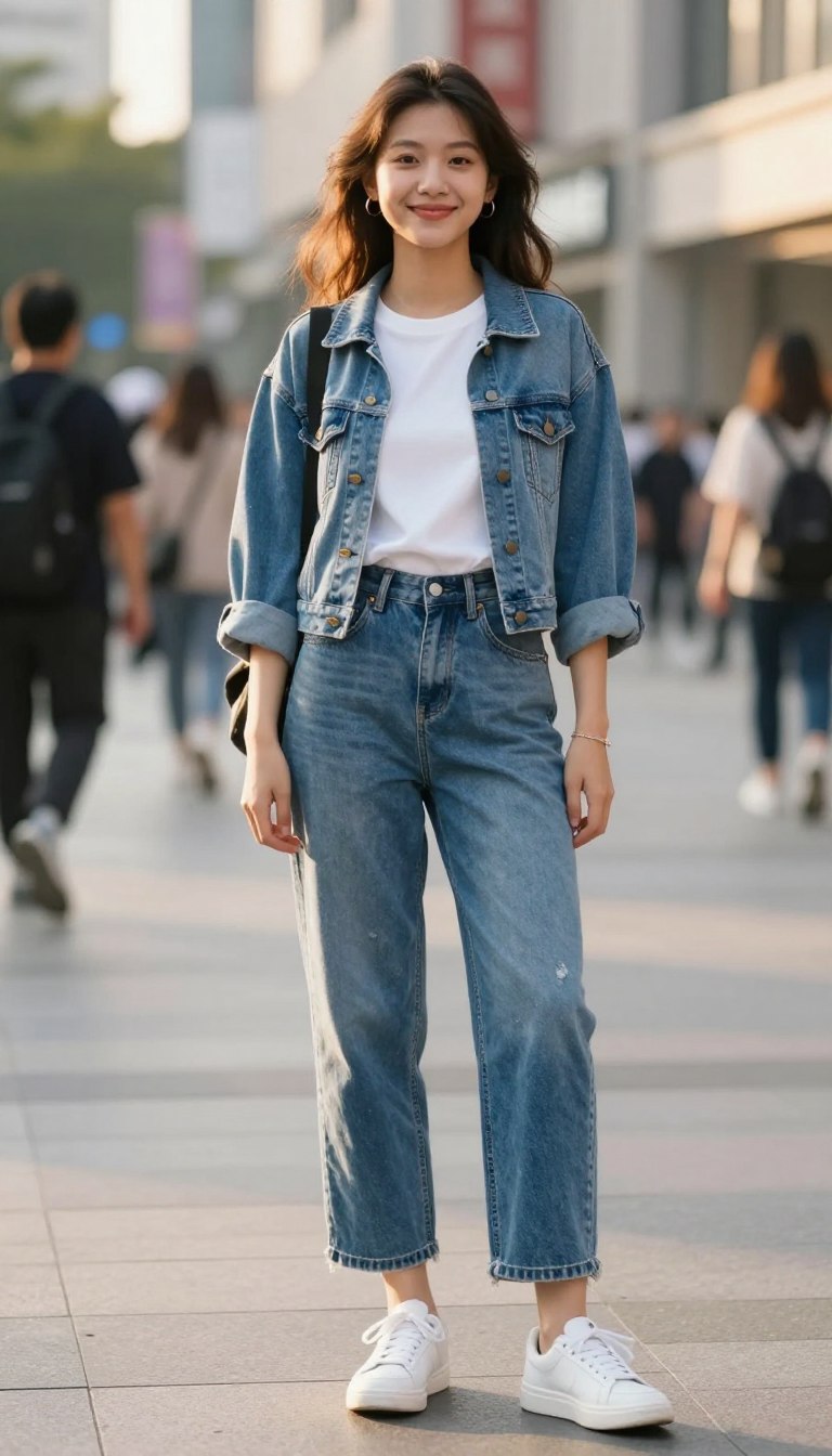 A young girl with a cheerful expression stands confidently on a bustling city street, embodying modern street style. She wears a classic white basic tee neatly tucked into high-waisted mom jeans, which have a relaxed fit and slight distressed details. Layered over her tee is a light blue denim jacket with rolled-up sleeves, giving her outfit an effortlessly casual vibe. The scene is set during golden hour, casting warm, vibrant sunlight that enhances the colors of her outfit. She’s styled with trendy white sneakers and minimal accessories, such as a simple bracelet and small hoop earrings. In the background, city life pulses with blurred figures and urban architecture, creating a lively atmosphere. The image captures a sense of youthful energy and carefree style, perfect for a casual day out.