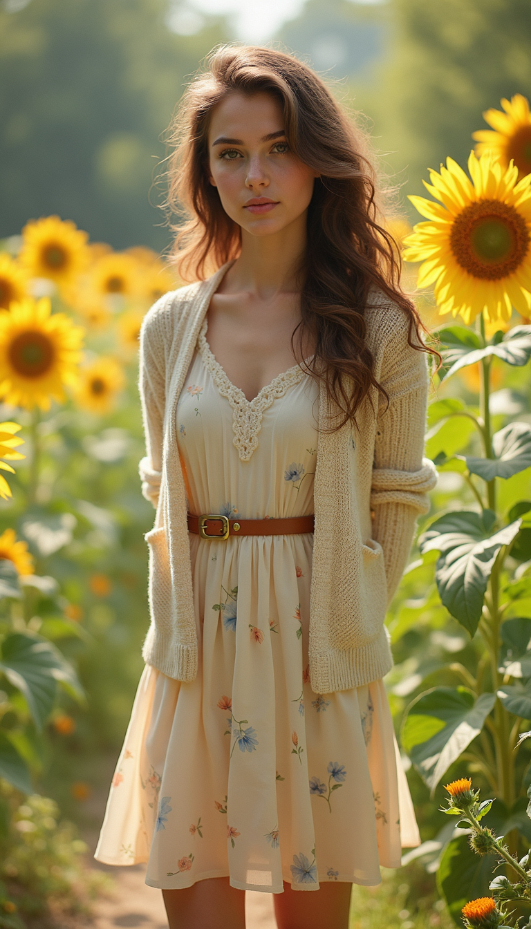 A woman wearing a stylish sundress with a vibrant floral pattern, paired with a lightweight, pastel-colored cardigan, stands in a sunlit outdoor setting. The sundress is knee-length, with flowing fabric that moves gently in the breeze. She has a relaxed posture, enjoying the summer day. The background features a lush garden with blooming flowers and soft greenery, creating a cheerful, vibrant atmosphere. The lighting is bright and warm, suggesting a sunny afternoon, enhancing the colors of her outfit and the surrounding nature. The image is captured from a slightly elevated angle to showcase both the outfit and the idyllic backdrop, giving a sense of depth.