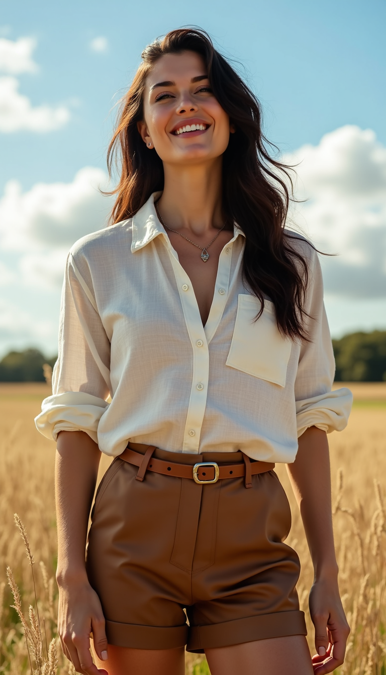 A lively summer scene featuring a woman in a stylish linen button-down shirt paired with tailored shorts. The foreground captures her standing casually in a sunlit park, smiling joyfully. She wears light, breezy colors, with soft textures that evoke comfort and elegance. In the middle, lush green grass and vibrant flowers enhance the summer vibe, while a few trees provide dappled sunlight, creating a warm, inviting atmosphere. The background includes blurred figures enjoying picnics and walking, to maintain focus on the outfit. The image is taken with a soft-focus lens to emphasize the subject, illuminated by natural sunlight, evoking a cheerful and relaxed summer day.
