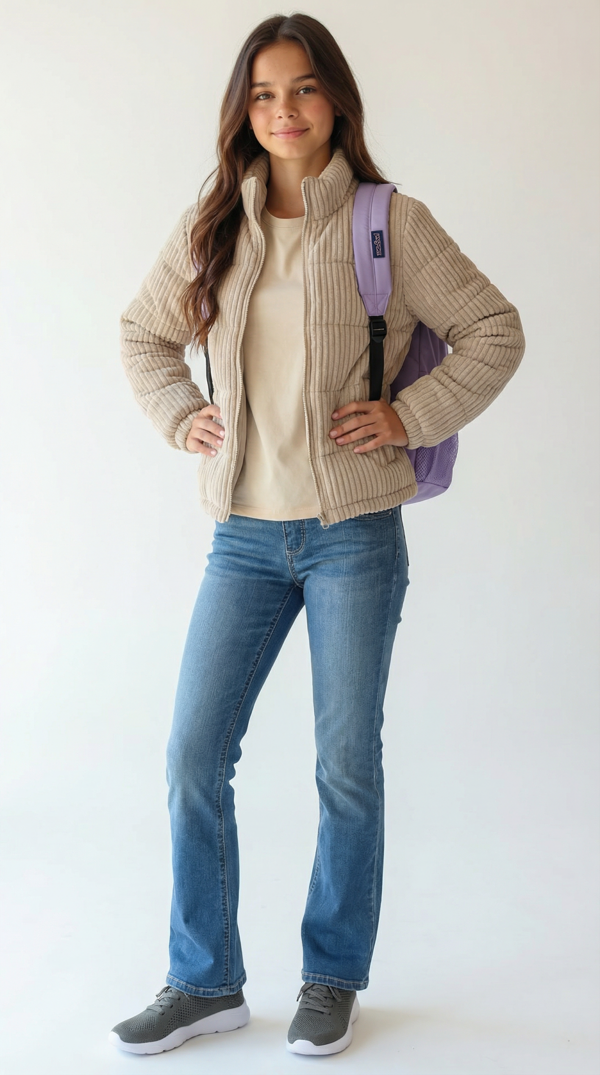 Teen girl wearing a beige zip-up puffer jacket, neutral t-shirt, blue jeans, gray sneakers, and a lavender backpack